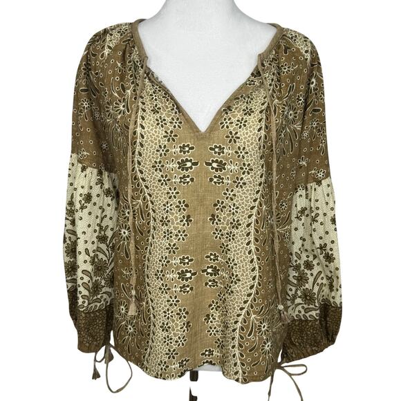 D'ascoli Peasant Blouse Size Medium Brown Floral Long Sleeve Cotton Boho Resort - Picture 1 of 10